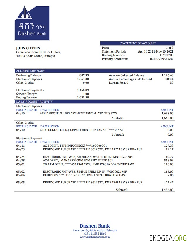 Déclaration de la Banque Dashen d'Éthiopie